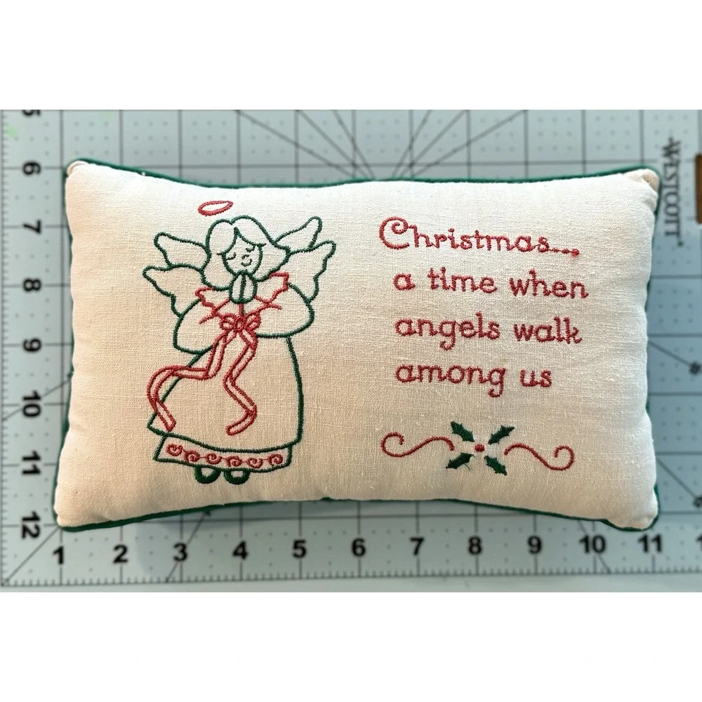 Vtg Christmas Sofa Pillow Needlework Christmas A Time When‎ Angels Walk Among Us